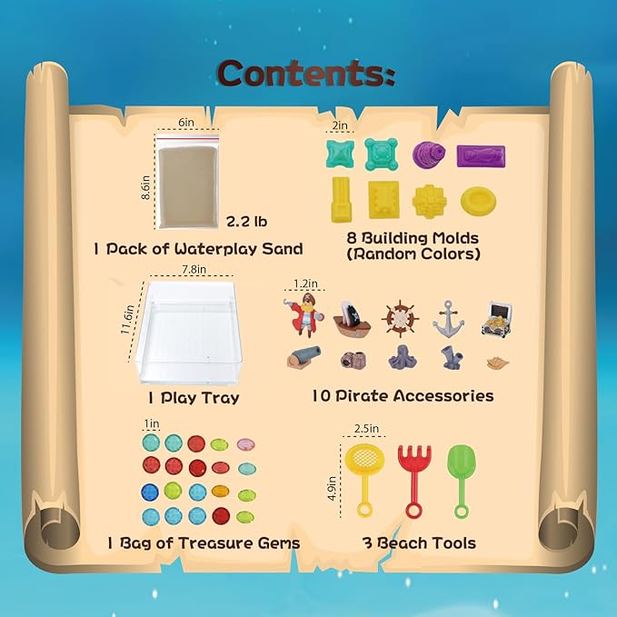 Waterplay Sand Kit – 2.2lb Pirate Adventure Sensory Sand for Summer Water Fun, Build Underwater Cities, Pirate Accessories, Molds, Gems, Tray & Tools, Outdoor Toy Gift for Kids Ages 4+
