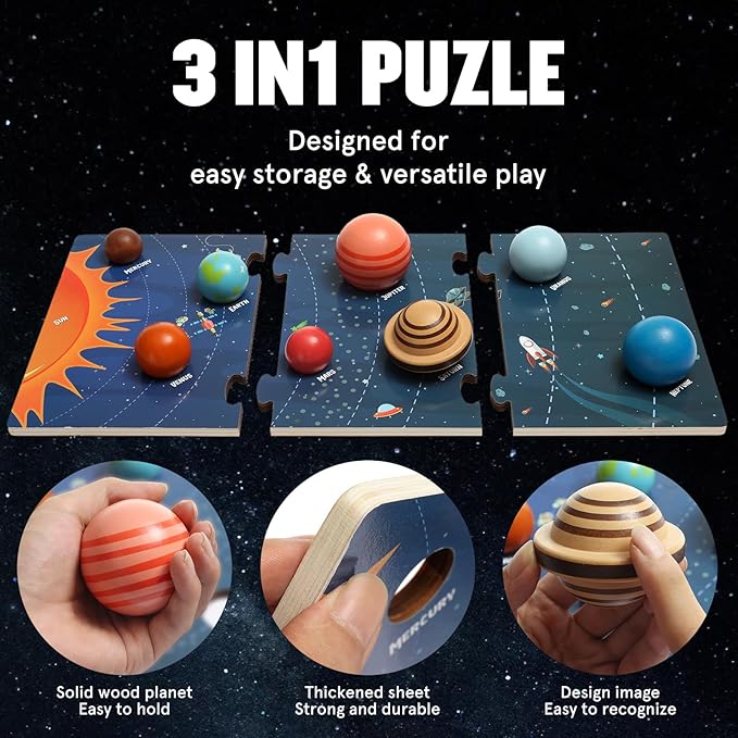 Wooden Solar System Model Board,Kids Solar System with Astronauts ,Montessori Planet Toys,Educational Planets Balls,Preschool Learning Puzzle,Space Knowledge Flash Cards Learning Toys for Kids