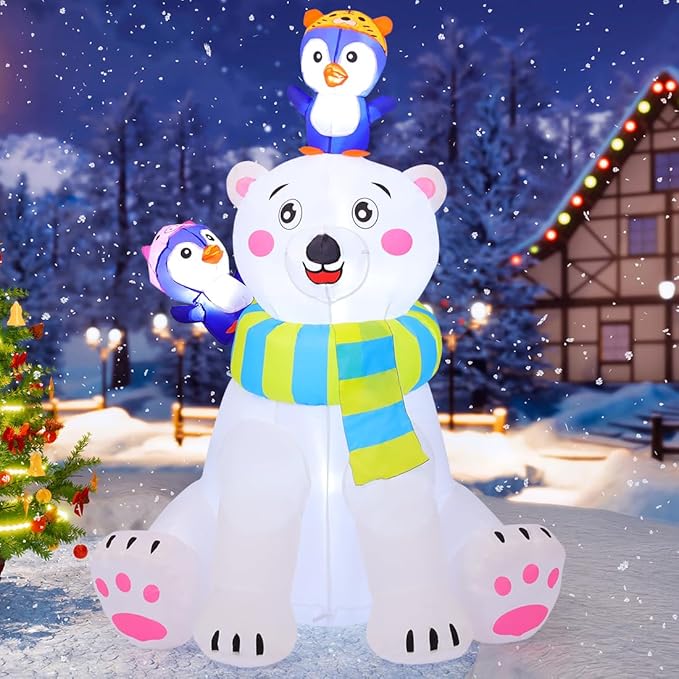 COMIN 6 FT Christmas Decorations Outdoor Inflatables Bear&Penguin Blow ups with Built-in LEDs for Yard Party Lawn Decor
