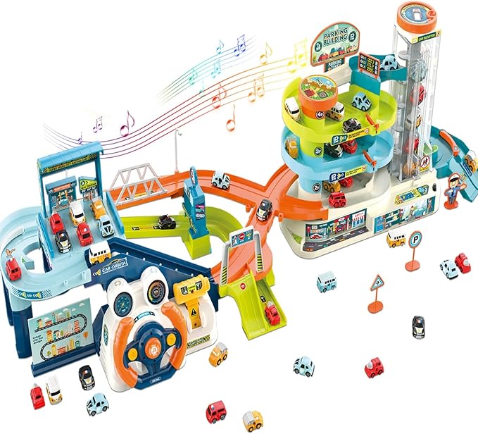 Fisca 2-in-1 Race Car Tracks PlaySet for Kids, Toy Car Ramp Track and Lifting Parking Lot, Dual Mode Toddler Car Track Toy Playset with 6 Cars, Automatic Rotary Elevator, Steering Wheel Music Driving