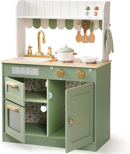 ROBOTIME Play Kitchen for Kids Toddlers, Wooden Pretend Play Kitchen Set Toy with Cutting Food Set, Toys Kitchen Gift for 3+ Year Old Kids, Girls & Boys