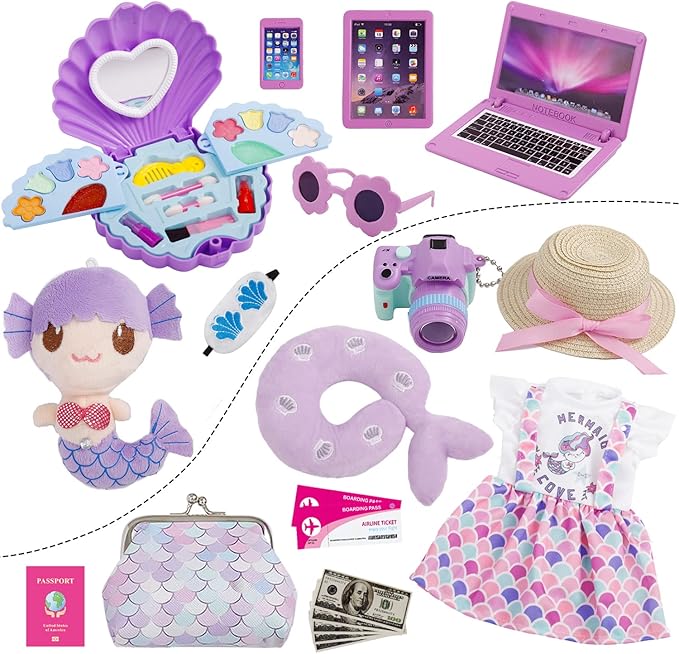18 Inch Doll Suitcase Travel Luggage Play Set, Mermaid Theme Travel Carrier Storage Accessories for 18inch Doll, Include Case, Clothes, Hat, Sunglasses, Camera, Pillow, Toy Pet
