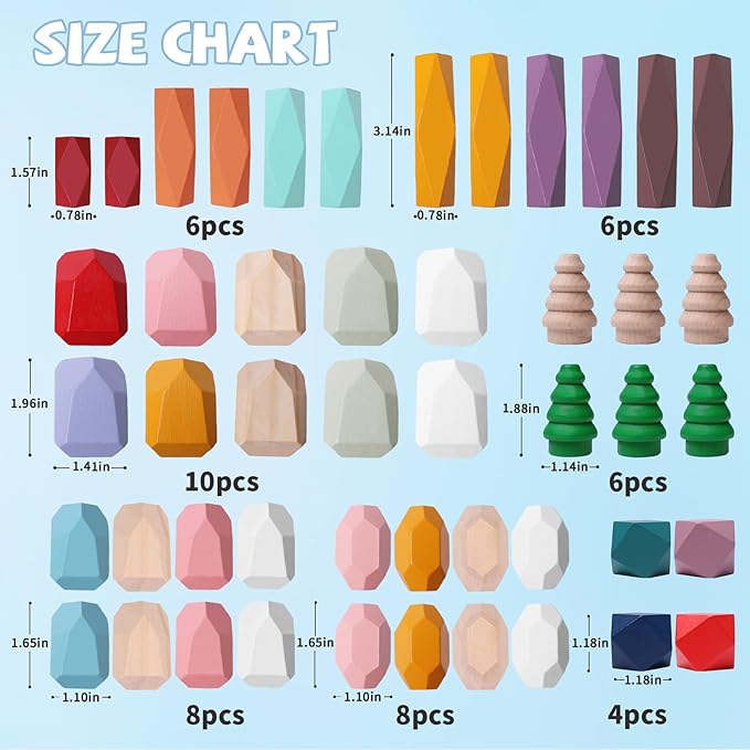 48 PCS Wooden Stacking Rocks Stones Building Blocks, Montessori Toys for 3+ Year Old Preschool Learning Activities Balancing Stacking Game, Birthday Gifts for 3 4 5 6 Year Old Girls Boys Kids