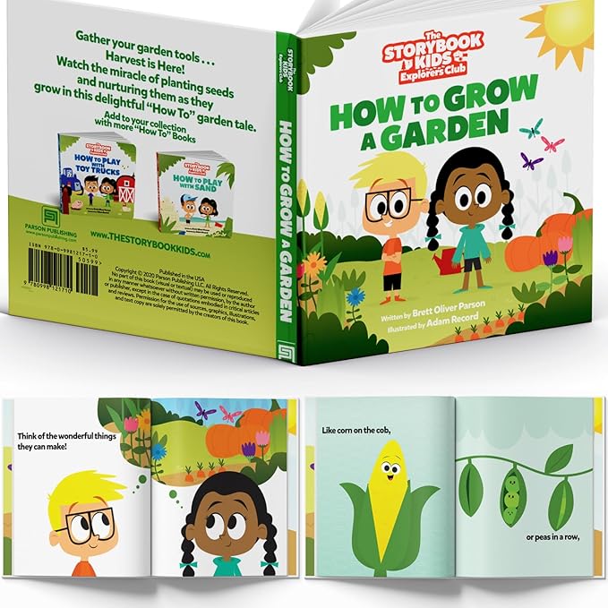 Matching Board Book - Green Kids Gardening Tools Set Includes Sturdy Tote Bag, Watering Can, Shovel, Rake, and Trowel - Garden Storybook - Kids Garden Tools- Easter Gifts for Toddler Age on up.