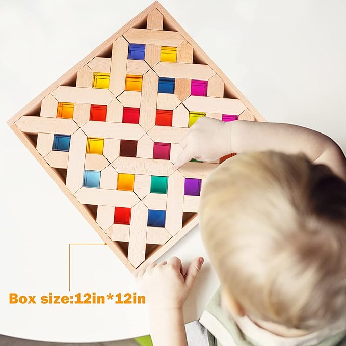 Agirlgle Wooden Rainbow Building Blocks Cube Gem Stacking Blocks Toy - Colorful Montessori Rainbow Stacker Toy Elegant Wood Rainbow Cube Blocks- Acrylic Blocks Educational Toys for Toddlers- 80Pcs