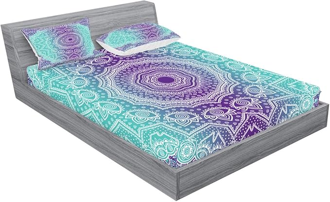 Ambesonne Purple and Turquoise Fitted Sheet & Pillow Sham Set, Hippie Ombre Mandala Inner Peace and Meditation with Ornamental Art, Decorative Printed 3 Piece Bedding Decor Set, Calking, Aqua