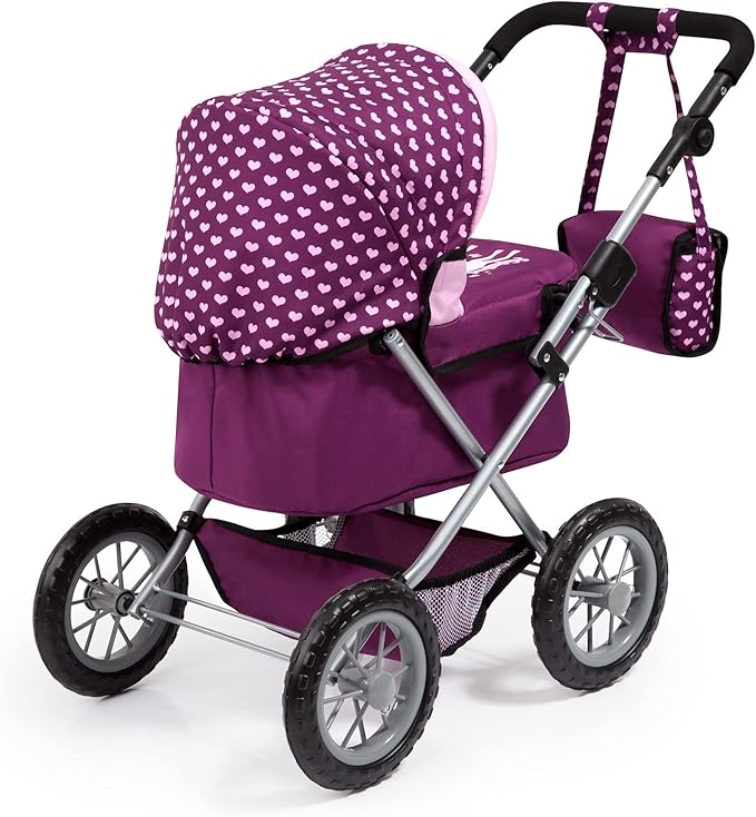 Bayer Design Dolls: Trendy Pram - Burgundy, Pink, Hearts - Includes Shoulder Bag, Fits Dolls Up to 18", Adjustable Handle, Kids Pretend Play, Shopping Basket, Easy to Fold, Ages 3+