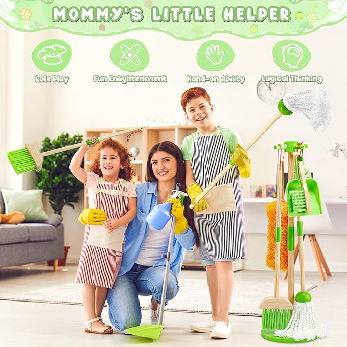 WHOHOLL Kid Cleaning Set, Wooden Toddler Broom Set for Housekeeping, 8 Pcs Kids Broom and Mop Set for Toddlers, Baby Cleaning Toys with Dustpan Sponge, Play Set for Boys and Girls (Green)