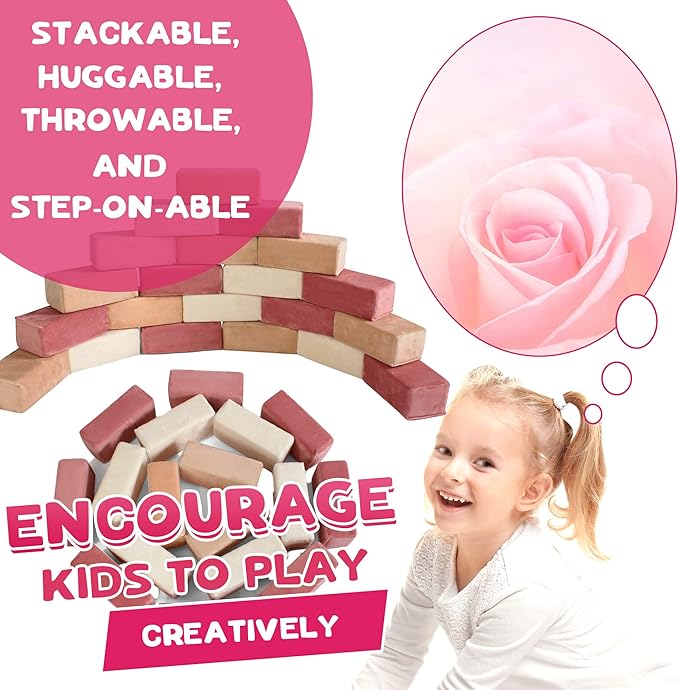Set of 24 Soft Building Blocks for Kids - Fabric Covered Toy Foam Blocks for Stacking, Play Time, Making Structures - Promotes Gross Motor Skills - 8.25x4.25x3 (Rose Pack)