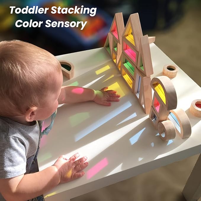 BOHS Rainbow Sensory Blocks (24 pcs) - Wooden Toys for Toddler Gift- Play on Light Table/Sunny Window