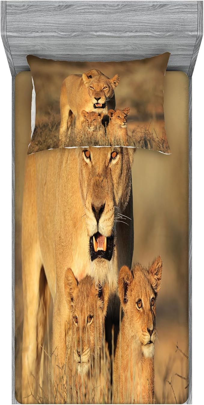 Ambesonne Safari Fitted Sheet & Pillow Sham Set, Mom Lioness and Young Lion Kings in South Nature Big Cats at Wilderness Safari, Decorative Printed 2 Piece Bedding Decor Set, Twin, Ivory Cream