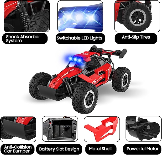 Remote Control Car for Kids 3 4 5 6 7+, 20 KM/H High-Speed RC Cars with LED Lights, 2.4GHz 2WD Monster Truck Toys, Rechargeable RC Car, Toy Cars for Girls Boys, Christmas & Birthday Gifts – Red