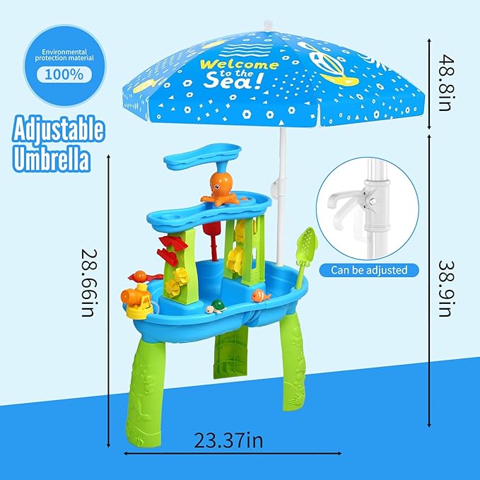 Hugut 2025 Upgraded 3-Tier Sand Water Table with Umbrella – Outdoor Backyard Sensory Activity Table for Kids, Perfect for Boys and Girls Summer Fun