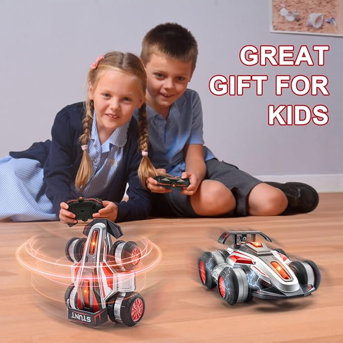 RC Cars, 2.4 GHz Fast Stunt RC Car, 4WD 360° Rotating RC Trucks with lights and music, High Speed Off Road Stunt Truck, upright walking cars, Remote Control Car Toy for 6-12 Boys and Girls(RED)