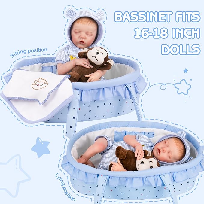 Aori 8 Pcs Reborn Baby Dolls Outfit Set with Bassinet Accessories for 16-18 Inch Baby Doll, Blue Carrier Bed and Baby Doll Clothes fit Newborn Baby Dolls