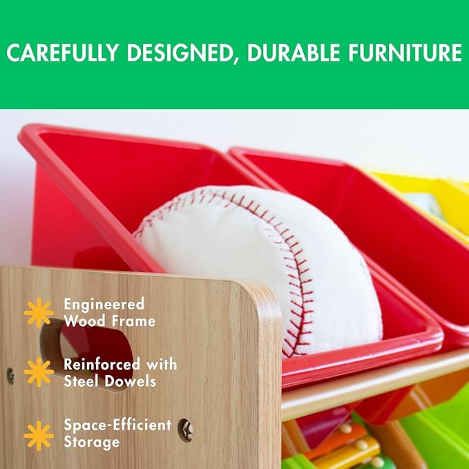 Humble Crew Kids Toy Storage Organizer with 12 Storage Bins, Rainbow/Natural Wood