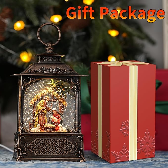 Nativity Scene Snow Globe, Light Up Christmas Snow Globes with Music Timer - USB Plug or Battery Operated Glitter Globe Indoor Christmas Decorations