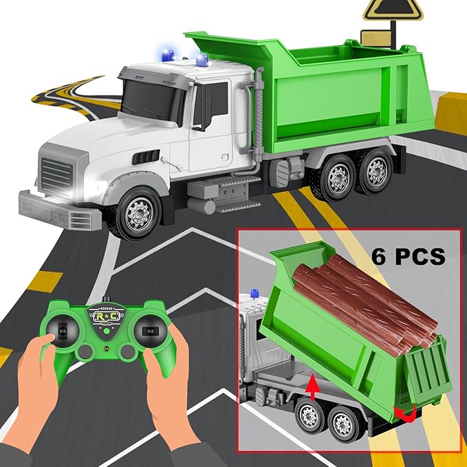 Remote Control Construction Dump Truck Toy RC Vehicle,6 Channel Truck Toys w/ 6 pcs Wood,2 Rechargeable Batteries,1/24 Scale Dump Truck,B'day Gifts Ideas Boys Age 3-8 Year Old,Green Dump Truck
