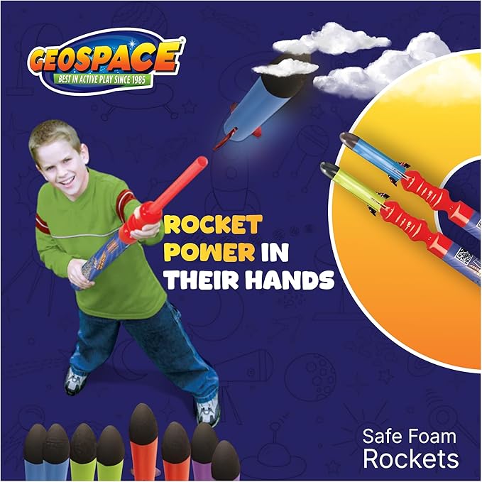 Geospace Hand Held Pump Rocket Combo Battle Pack – Flying Foam Rockets Outdoor Toys for Kids, Boys & Girls – 19" Set with 2 Launchers & 10 Rockets Set – Hand Stomper Rocket Toy - Cool Toys for Fun