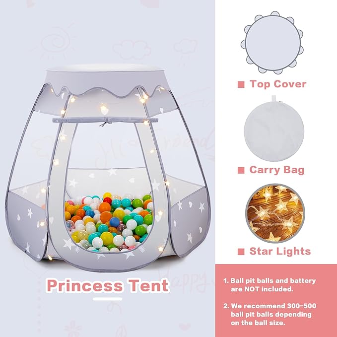 Baby Ball Pit for Toddler: with Star Lights - Pop Up Princess Play Tent for Kids - Indoor Outdoor Baby Girl Toys Birthday Gifts - NO Balls (Gray Tent)