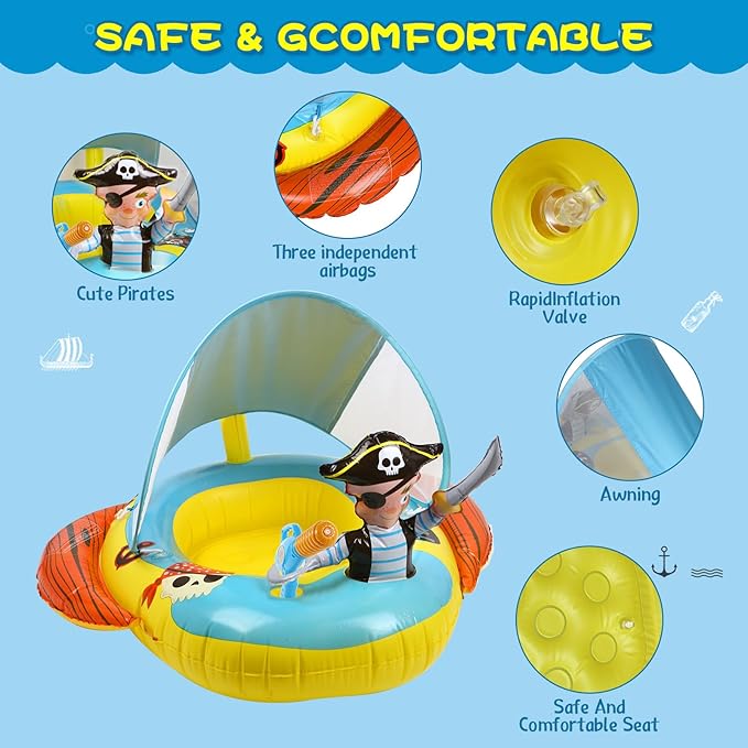 2X Thicken Inflatable Kids Pool Float with UPF 50+ Canopy Detachable,Pirate Ship Floaties with Captain & Water Gun,Swimming Pool Toys for Boys & Girls ,Toddlers ,Babies,Child,Summer Beach Outdoor Play