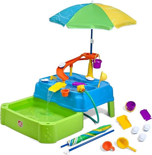 Step2 Waterpark Wonders Two-Tier Water Table, Kids Water Activity Sensory Playset, Comes with Umbrella, Summer Outdoor Toys, 11 Piece Water Toy Accessories, for Toddlers 1.5+ Years Old