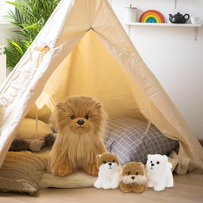 Tezituor Realistic Pomeranian Stuffed Animal Plush Toy,13.8" Mommy Dog Plush with 3 Puppies Cute Fluffy Plushie for Girls Boys Toddler Birthday