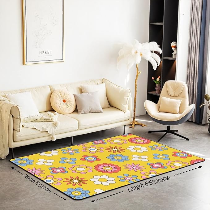 Erosebridal Cute Retro Groovy Flowers Area Rug 5'x6'6'' Kawaii Colorful Floral Rug for Kids Girls Bedroom,Cartoon 70S 80S Carpet Hippie Aesthetic Non Slip Living Room Rugs