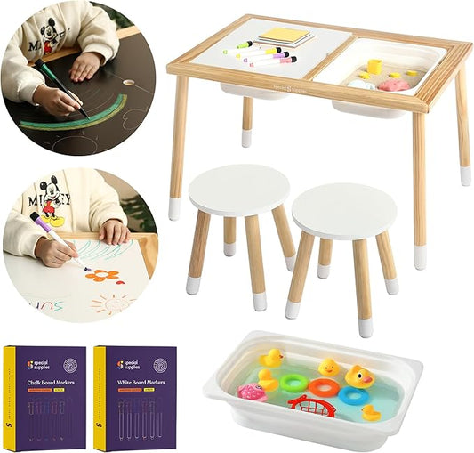 Special Supplies Kid’s Sensory Table Set with Deep Water and Sand Bins, Writable Lids, Chalk and Dry Erase Markers for Active, Hands-On Learning, Fun Play, Arts and Crafts - Pine Wood (2 Bins)