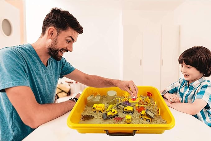 INvench Construction Dinosaur Play Sand Set - 38 Pieces Sensory Bin Sand Kit Include 2 lbs Magic Sand, Construction Vehicle, Dinsoaur Figures, Dinosaur & Castle Molds for 3 4 5 Year Old Toddlers Kids