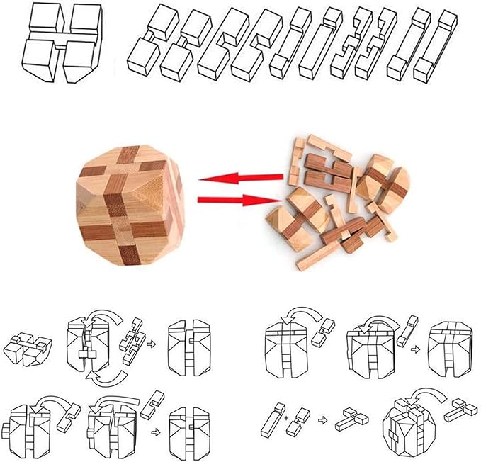 VolksRose 9pcs Wooden Brain Teaser Puzzles, IQ Challenge Puzzle Games, Logic Smart Mind Puzzle Box Lock Toy Removing Assembling 3D Small Puzzle Gift Set for Adults Teenagers Kids, 1.8inch 4.5cm
