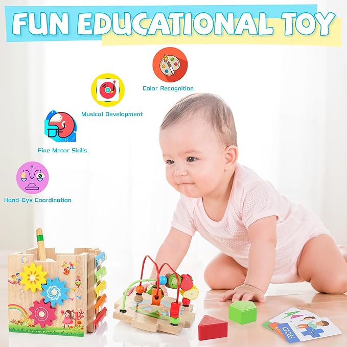 Bravmate Wooden Activity Cube, 8-in-1 Wooden Montessori Learning Toys for 18 M+ Toddlers, One Year Old First Birthday Gift, Baby Toy Set with Bonus Sorting & Stacking Board