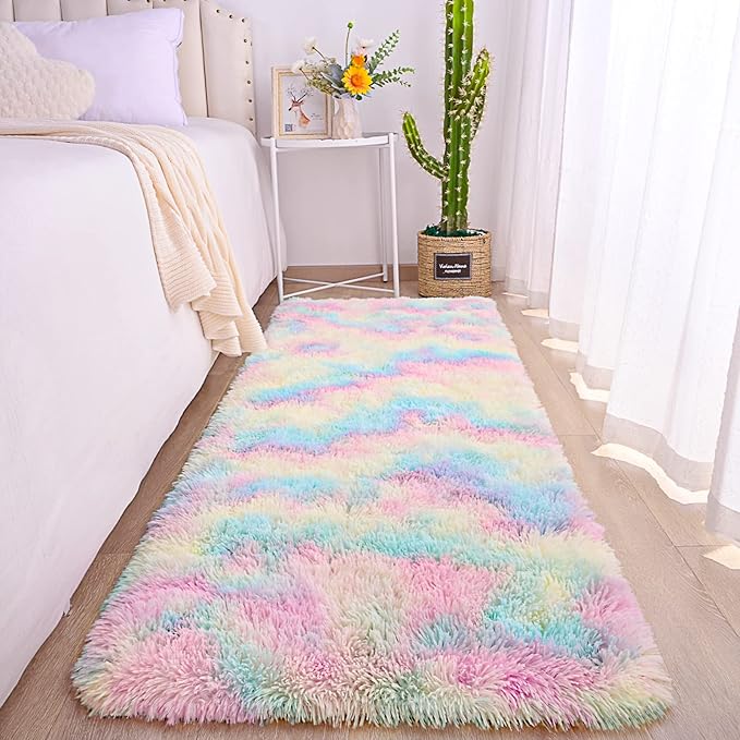AROGAN Soft Rainbow Area Rugs for Girls Room 2x6 Feet, Fluffy Girls Bedroom Rugs, Princess Rug, Cute Colorful Carpet for Kids Teens Nursery Toddler, Pink