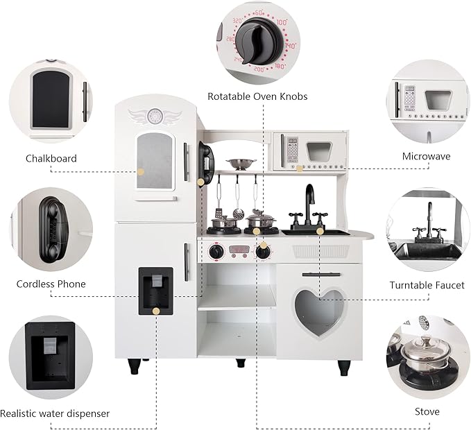 TaoHFE Wooden Kitchen Playset for Toddlers - Kitchen Toy Set with Lights & Sounds for Pretend Play, Gift for Kids Age 3+ (White)