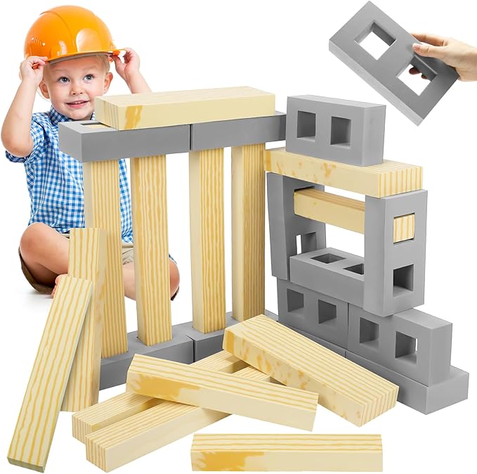Leyndo 24 Pcs Foam Wooden Beam Soft Foam Brick Building Blocks Unit Fake Brick Building Blocks Giant Stacking Sets for Kids Toddler Construction(Assorted Sizes,Gray Color)