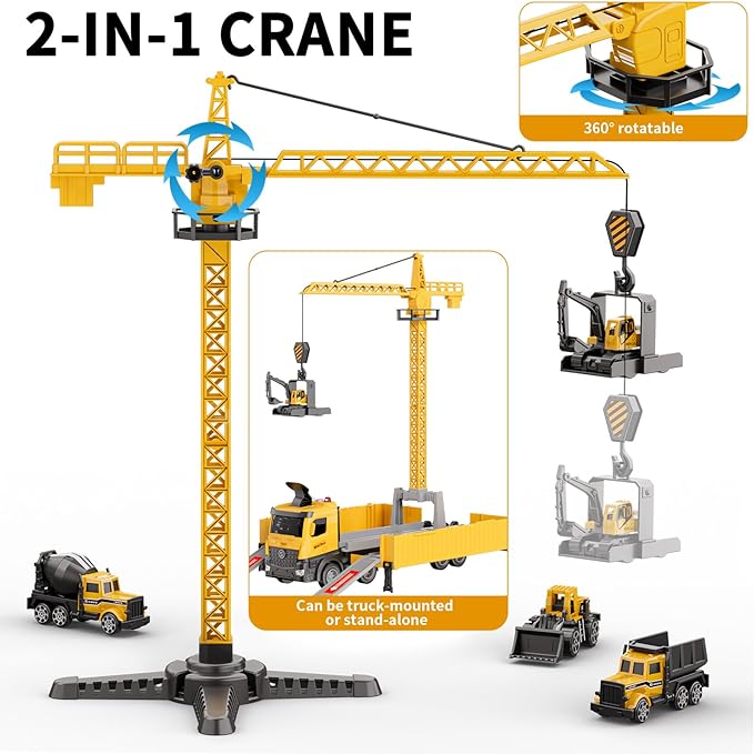 Construction Toys Truck Crane for Kids - Truck Race Track Kids Toy Eject Car Set Excavator Bulldozer Dump Trucks Cement Truck Vehicle Easter Christmas Birthday 2+ 3 4 5 6 7 8 Years Old Boy Girl Gift