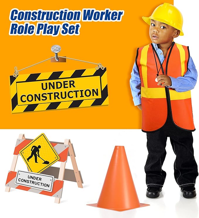 Geyoga 24 Pieces Construction Party Supplies for Kids - Vest, Cones, Hat, Dress Up Bag for Theme Birthdays, Halloween