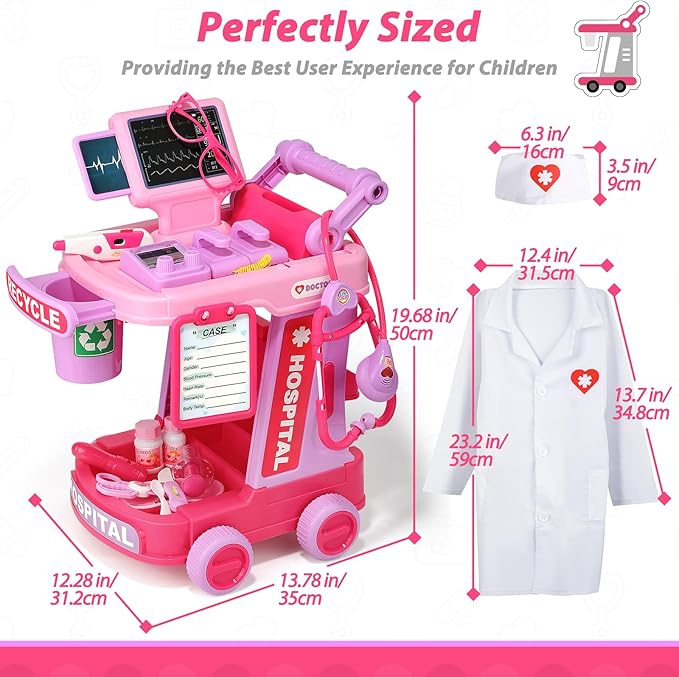Liberry Doctor Kit for Toddlers Aged 2 3 4 5, Pretend Doctor Play Set for Kids with Cart, Costume and Stethoscope, Role Play Medical Toys for Girls Boys(Pink)