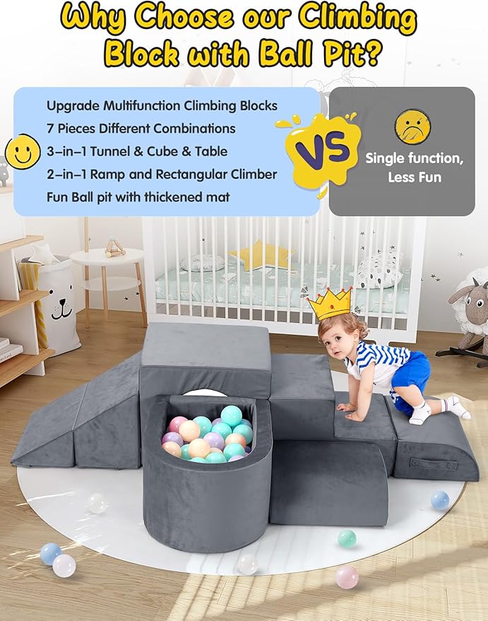 Kidirect Foam Climbing Blocks, 6 Pieces Climbing Toys for Toddlers 1-3 Inside with Baby Ball Pit &Crawling Tunnel, Soft Play Foam Blocks for Toddlers 1-3 Baby Climbing Gym for Kids' Indoor Climbers