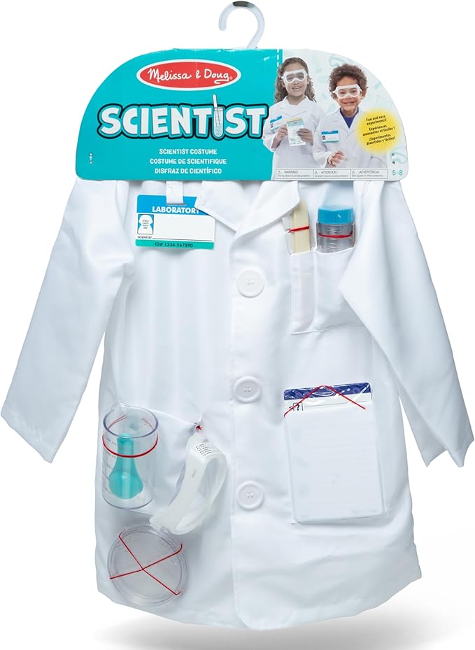 Melissa & Doug Scientist Role Play Costume Set (X pcs) - Lab Coat, Goggles, 6 Experiments