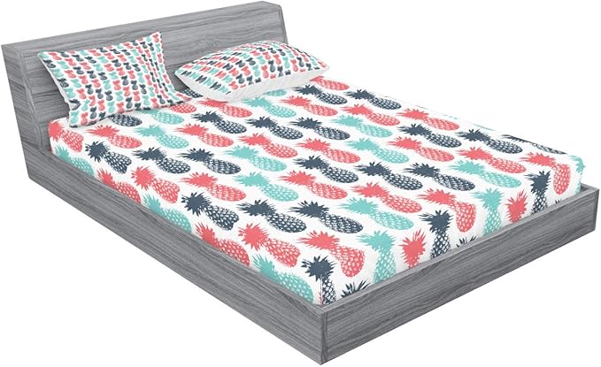 Ambesonne Pineapple Fitted Sheet & Pillow Sham Set, Island Pineapple Tropic Fruit Pattern Stamped Minimal Backdrop Pop Art, Decorative Printed 3 Piece Bedding Decor Set, King, Turquoise White Coral