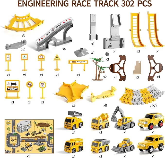 iHaHa 302 PCS Construction Race Tracks Boys Toys with Play Mat 39.4"*56.7", Engineering Cars and Race Track Playset Create A Engineering Road Gifts Toys for 3 4 5 6 Year Old Boys Girls Kids