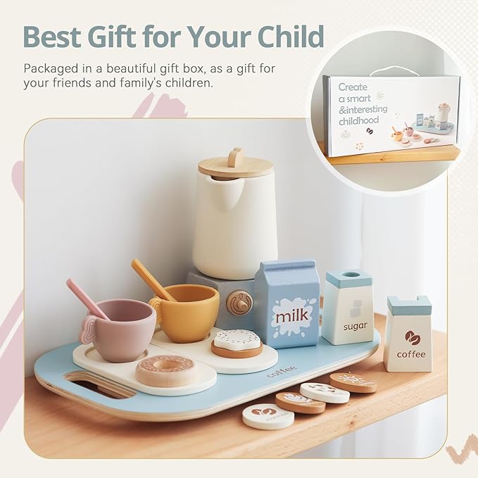Wooden Tea Set for Little Girls and Boys | 18 PCS Kids Coffee & Tea Set for Toddlers | Pretend Play Toy with Silicone Accessories - Ideal Gift