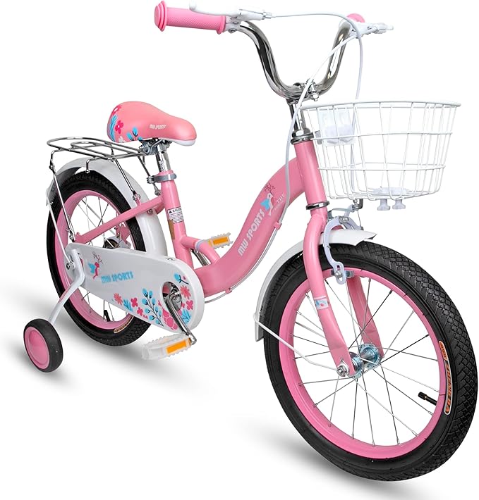 Slippery Racer MW Sports 16 inch Kids Bike with Removable Training Wheels, Hand Brakes and Back Relay Rack for Ages 4-6 Years.