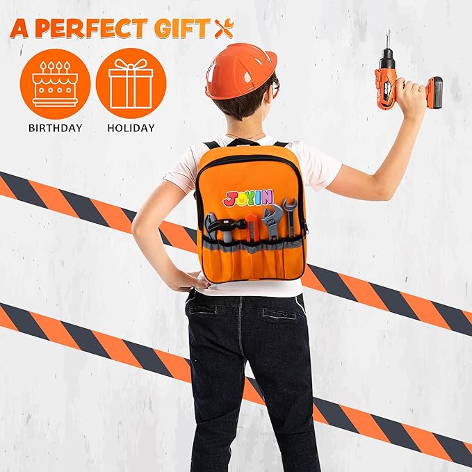JOYIN 32PCS Kids Tool Set, Pretend Play Toddler Tool Toys with Construction Backpack Costume & Electronic Toy Drill for Boy Girl Halloween Present Birthday Dress Up Party