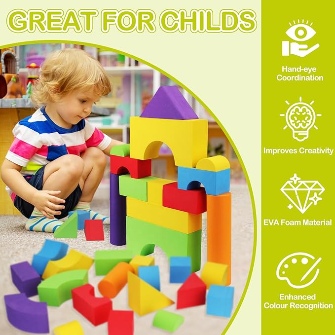 45PCS Large Foam Blocks EVA Soft Stacking Foam Building Blocks Jumbo for Kid Toddlers 3-5, Great Construction Preschool Toy with Shapes & Color Learning for Home School Education Play