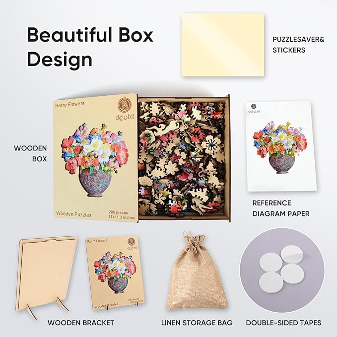 Flower Wooden Puzzles for Adults, 200 Pieces Vase Jigsaw Puzzles, Unique Shaped Medium Size Liberty Wood Puzzle Birthday Gifts for Mom Adults and Kids, Family Game 11'' x 11.3''