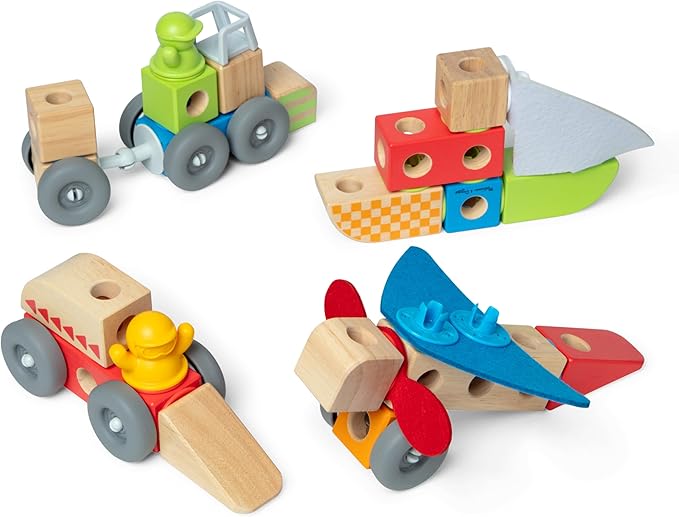 Melissa & Doug Blockables™ Vehicles Snap and Play, Mix and Match Connectable Wooden Building Blocks Play Set Toy for Preschool Boys and Girls (54 Pcs)