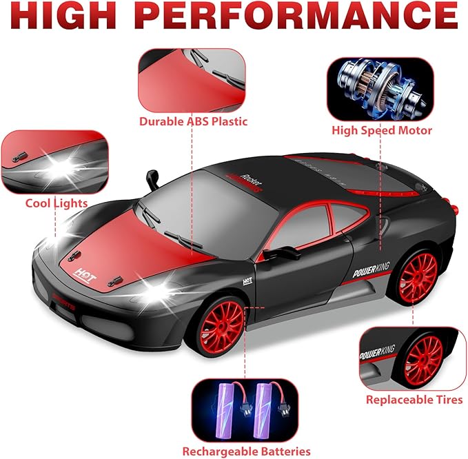 RC Drift Cars 2.4G Remote Control Car, 1:24 Scale 4WD Rechargeable High Speed Race Drifting Cars Electric Sport Racing Hobby Toy Car with 2 Batteries and Cool Lights Toys for Kids
