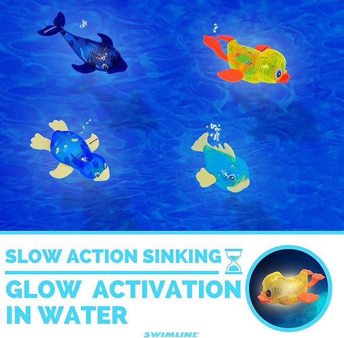 Swimline Original 4-Pack Diving Toys LED Light-Up Glowing Sea Animal Fun Pals Catch The Fish Retrieval Game for Swimming Pool & Bath Tub for Kids Multi Color Flashing Underwater Dive Practice Learn